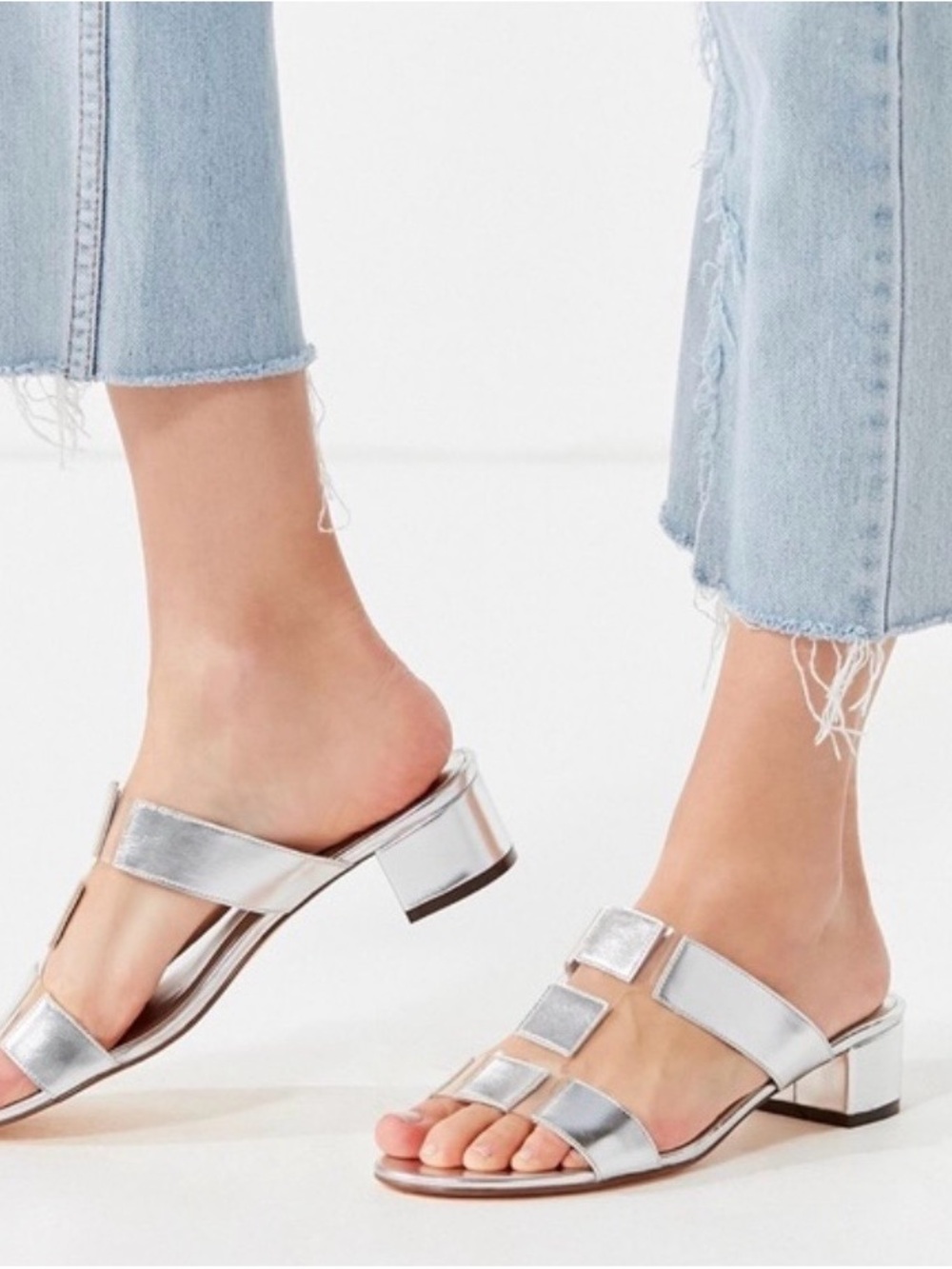 Urban Outfitters Silver Low Block Heel Slide Sandals